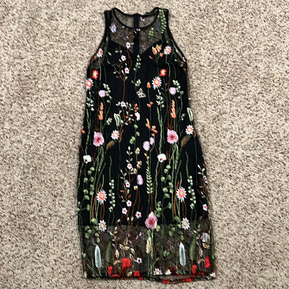 Size L black dress with floral black sheer overlay